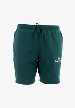 Pantaloni da bagno verdi realizzati in un tessuto leggero, con una vita elastica e un cordoncino, e un piccolo logo bianco sul lato sinistro.