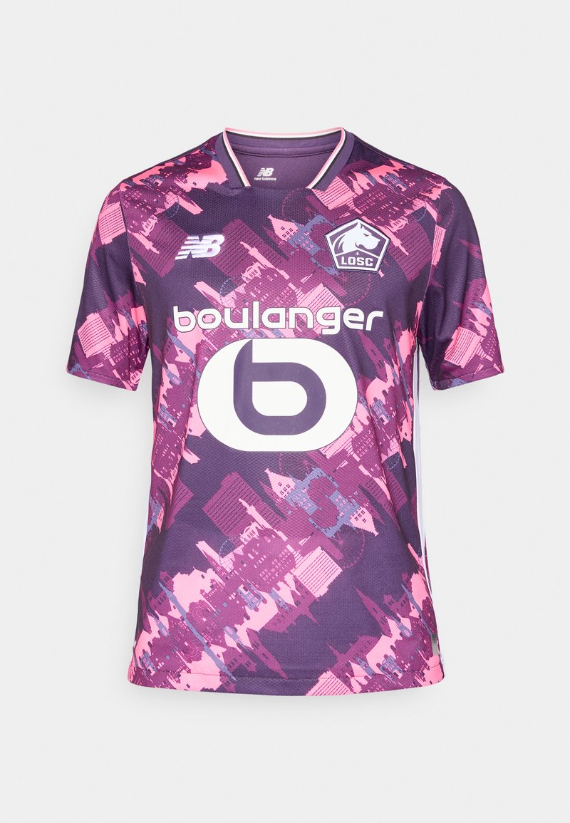 Maglia da calcio a maniche corte, con motivo viola e rosa, dotata di collo tondo, logo sul petto e una grande grafica circolare dello sponsor.