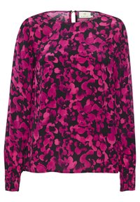Langærmet bluse i gennemsigtig sort stof med et levende pink blomsterdesign. Udstyret med en nøglehulryg og fitted ærmer med samlet detalje.