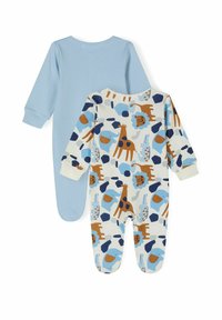 Dos bodies de bebé: uno en un azul claro sólido, el otro con un estampado de animales en azul y marrón sobre un fondo crema, con mangas largas.