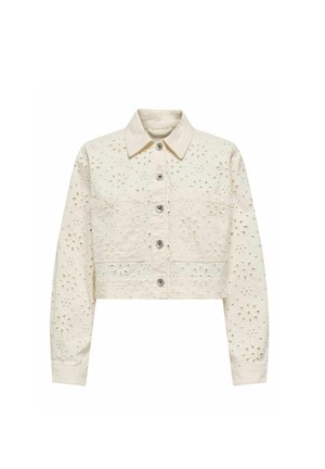 Izgriezta krēmkrāsas jakas ar ziedu izšuvumiem, pogu aizdari un apkakli; iekļauj divas priekšējās kabatas un strukturētu audumu.