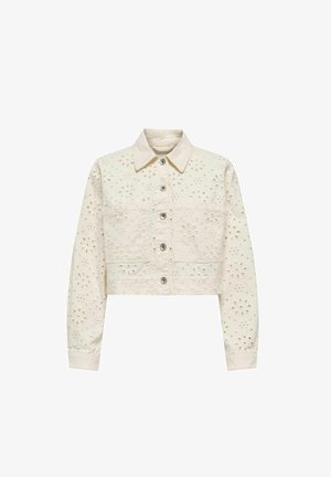 Izgriezta krēmkrāsas jakas ar ziedu izšuvumiem, pogu aizdari un apkakli; iekļauj divas priekšējās kabatas un strukturētu audumu.