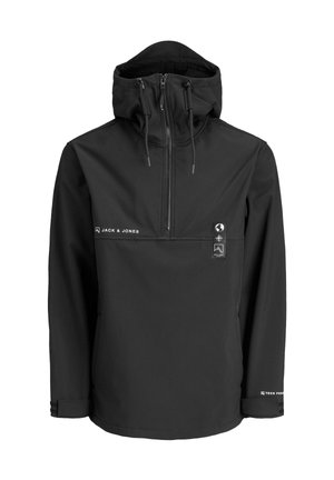 Fekete félcipzáras kapucnis dzseki állítható zsinórokkal, elől a "Jack & Jones" logóval és csuklópántos záródással az ujjakon.