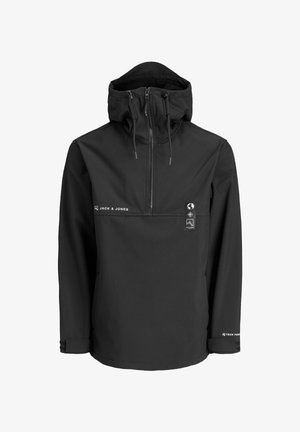 Black half-zip hooded jacket with adjustable drawstrings, front logo "Jack & Jones," and wrist strap closures on sleeves.