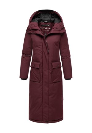 Burgundy long winter coat with a hood, zip closure, two front pockets, and black lining. Made from insulated material for warmth.