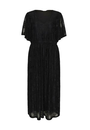 Mustaline pitsidress, millel on V-kaelus, lühikesed libisevad varrukad, elastne vöökoht ja lillemuster. Pehme tekstuur ja voolav siluett.