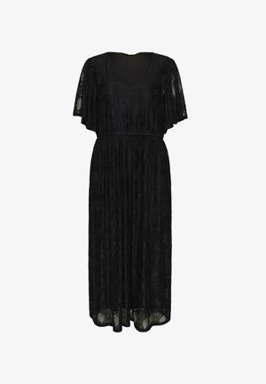 Mustaline pitsidress, millel on V-kaelus, lühikesed libisevad varrukad, elastne vöökoht ja lillemuster. Pehme tekstuur ja voolav siluett.