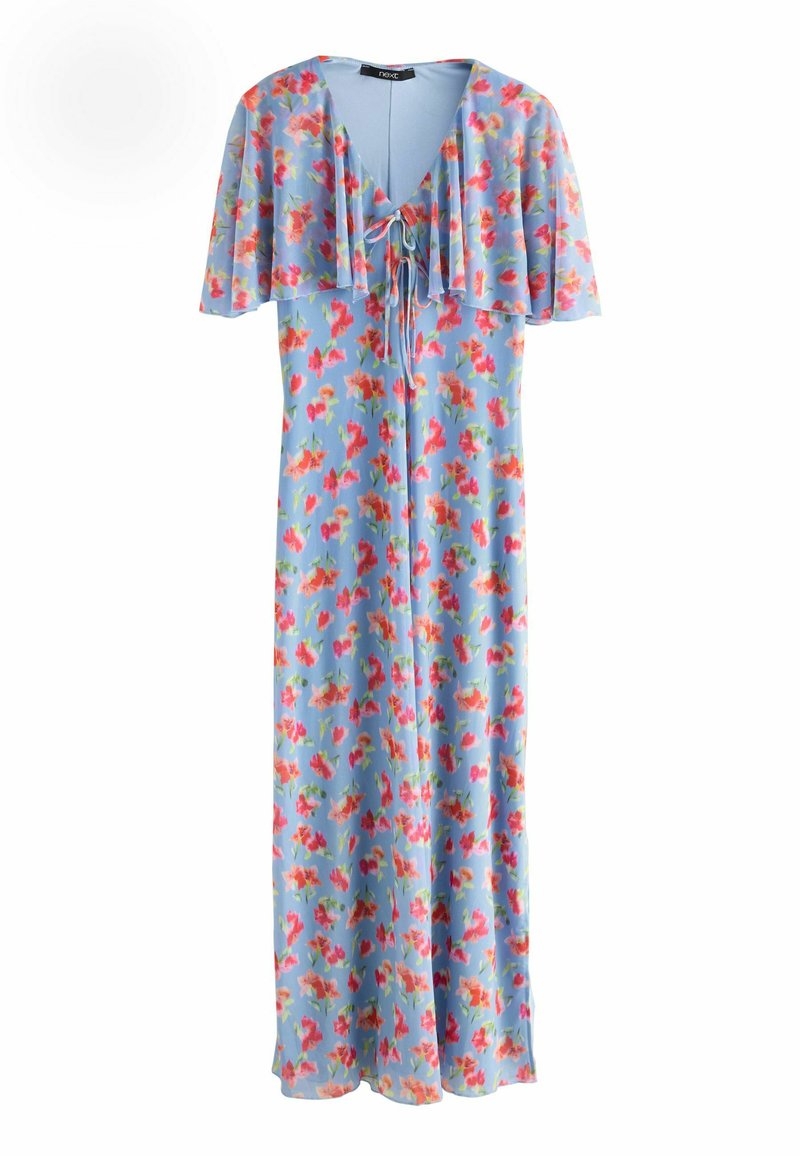 Robe maxi florale en bleu clair avec des motifs roses et verts. Dotée d'un décolleté en V, d'un devant à nouer et de manches courtes ornées de volants. Tissu doux.