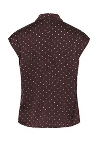 Bordová blúzka s krátkymi rukávmi s bielymi bodkami, s golierom a zapínaním na gombík na zadnej strane. Hladká tkanina s voľným strihom.