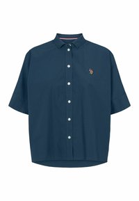 Tumedast sinine lühikeste varrukatega särk, millel on krae, esiotsa nupud ja väike broderi detail vasakul rinnal. Ühtlane kangastekstuur.