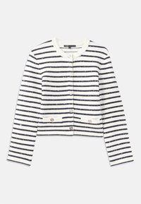 Gestreifter Cardigan in Creme und Marineblau, mit Rundhalsausschnitt, Knöpfen und zwei vorderen Taschen. Das Material hat eine strukturierte Oberfläche mit dezentem Schimmer.