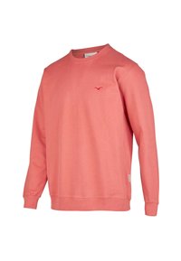 Coral sweatshirt made of soft cotton, featuring long sleeves, crew neckline, and a small embroidered logo on the chest.