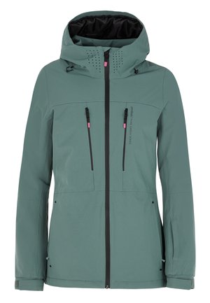 Green waterproof jacket with a front zip, two zippered pockets, and black accents. Features a hood and perforated detailing on shoulders.