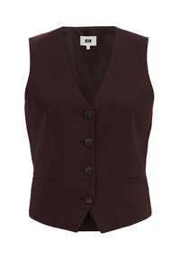 Vinröd väst med V-ringning, fem svarta knappar och sidofickor. Mjuk textur, skräddarsydd design och en figurnära silhuett.