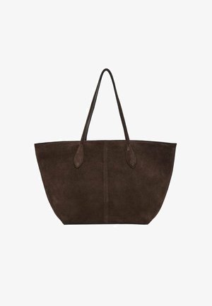 Borsa a tracolla in suede marrone con una forma ampia e arrotondata, fondo piatto e due manici lunghi. Presenta una cucitura centrale che corre verticalmente.