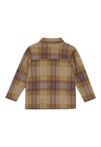 Langearmige bruine, beige en blauwe geplaid wollen jas met een omgeslagen kraag, weergegeven vanaf de achterkant op een witte achtergrond.