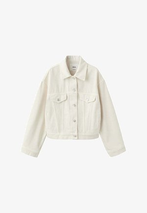 Krátká džínová bunda v off-white barvě s knoflíkovým zapínáním, dvěma náprsními kapsami se záklopkou, bočními kapsami a límcem.
