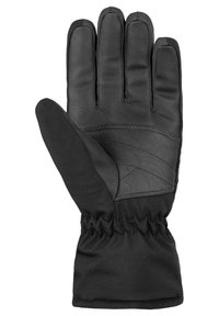 Zwarte handschoenen met een leren palm en vingers, voorzien van een zachte stoffen manchet. Het ontwerp bevat stikdetails en een snug fit.