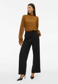 Blusa marrone, strutturata, con collo alto e maniche a sbuffo, abbinata a pantaloni neri a gamba larga e tacchi a punta neri. Design semplice ed elegante.