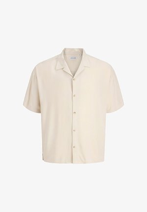 Beige short-sleeve men's button-up shirt with camp collar, single chest pocket, and casual fit.