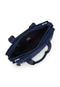 Navy blue tote bag with nylon material, zip closure, and dual handles. Interior features a plain black lining and brand label.