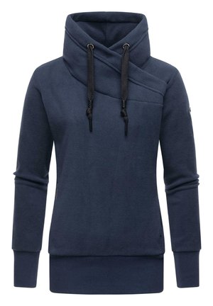 Navy fleece pullover with a high collar, cross-over design, black drawstrings, and long sleeves. Features ribbed cuffs and hem.