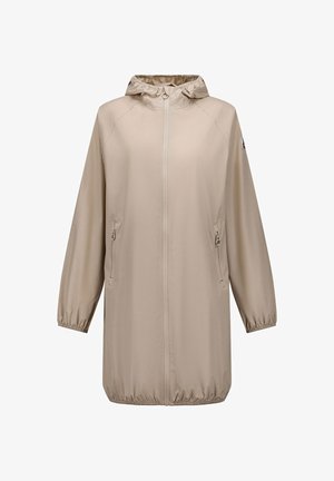 Chaqueta cortavientos larga con capucha de color beige, con cremallera frontal, puños y dobladillo elásticos, y bolsillos laterales con cremallera.