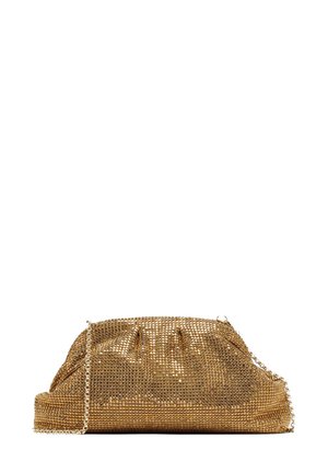 Gold mesh clutch bag with a gathered top, chain strap, and metallic texture. Features a rounded shape and shimmering surface accents.