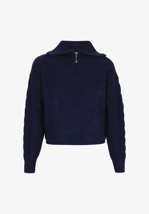 Pullover lavorato a maglia blu navy con colletto alto, chiusura a zip e motivi a treccia testurizzati sul corpo e sulle maniche. Lunghezza cropped.
