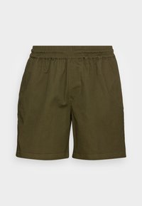 Olijfgroene shorts met een elastische tailleband, gemaakt van lichtgewicht stof, met een eenvoudig ontwerp en rechte pijpen.