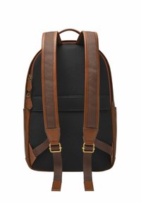 Cinghie in pelle marrone su uno zaino in rete nera, con maniglia superiore e tasche laterali. I dettagli in metallo dorato mettono in risalto il design.
