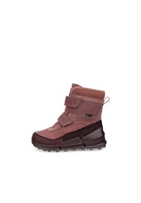 Stivali alla caviglia impermeabili rosa con due cinturini in velcro, tessuto texturizzato, dettagli in pelle liscia e suola in gomma resistente per una buona aderenza.