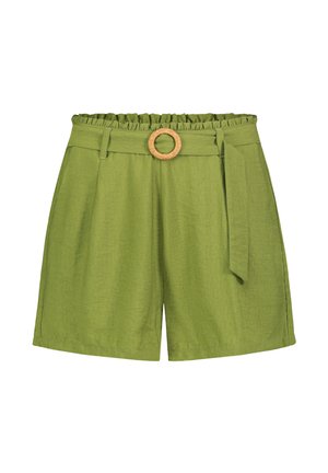 Grüne High-Waist-Shorts mit Stoffgürtel und rundem, geflochtenem Schnallenverschluss, ausgestattet mit einem gesmokten elastischen Taillenbund und Seitentaschen.