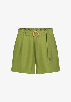 Grüne High-Waist-Shorts mit Stoffgürtel und rundem, geflochtenem Schnallenverschluss, ausgestattet mit einem gesmokten elastischen Taillenbund und Seitentaschen.