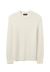 Cremefarbener Kaschmirpullover mit strukturierter Diamantmusterung, Rundhalsausschnitt sowie gerippten Bündchen und Saum. Hergestellt aus weichem Stoff für hohen Tragekomfort.