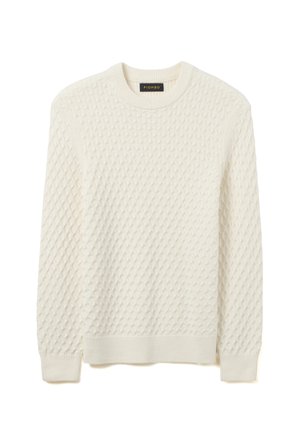 Maglione lavorato a maglia color crema con motivo a diamante testurizzato, scollo rotondo e polsini e orlo a coste. Realizzato con tessuto morbido per il massimo comfort.