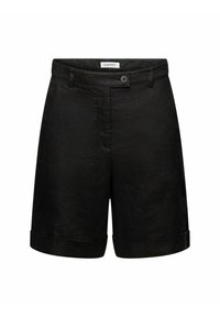 Zwarte shorts van stof met een subtiele textuur, voorzien van een knoopsluiting en opgerolde boorden aan de onderrand voor een op maat gemaakte uitstraling.