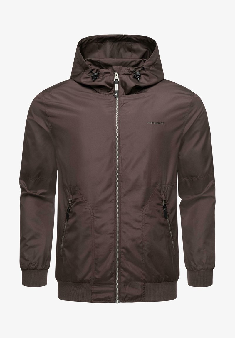 Ruda lengva striukė su kapučinu, priekyje užtrauktuku, dviem šoninėm kišenėm, elastiniais rankogaliais ir matinio paviršiaus. Su prekės ženklu ant krūtinės.