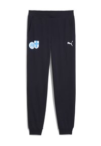Marineblauwe sweatpants met elastische tailleband, zijzakken en wit Puma-logo. Voorzien van blauw logo en schildontwerp op het linkerbeen.