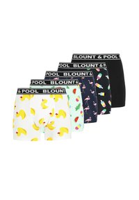 Cinq paires de boxers pour hommes avec divers motifs : canards en caoutchouc, pastèques, flamants roses, sucettes glacées et noir uni. Ceintures élastiques.