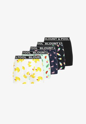 Cinq paires de boxers pour hommes avec divers motifs : canards en caoutchouc, pastèques, flamants roses, sucettes glacées et noir uni. Ceintures élastiques.