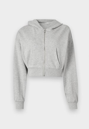 Grå kortärmad huvtröja i mjukt tyg, med en frontdragkedja, långa ärmar och två framfickor. Slät textur, justerbar huva.