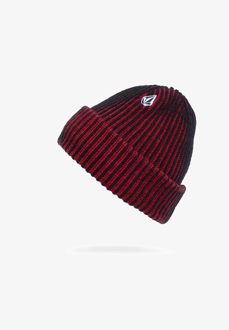 Schwarz-rot gestreifte Mütze mit gerippter Textur und umgeschlagenem Saum. Besitzt ein kleines Logo-Patch an der Seite.