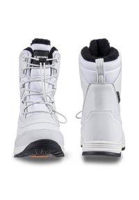 Botas de nieve blancas con una textura suave, que cuentan con un collar acolchado, un sistema de cordones duradero y suelas de goma negra para mayor tracción.