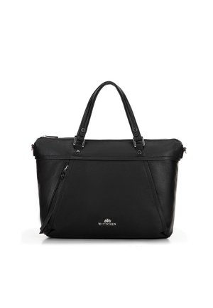 Schwarze Lederhandtasche mit doppelten Griffen, Reißverschluss, schräg gestaltet und mit einem silbernen Logo, das am Boden geprägt ist. Verfügt über eine seitliche Reißverschlusstasche.