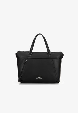 Borsa a mano in pelle nera con doppio manico, chiusura con zip, design angolato e logo argento impresso nella parte inferiore. Presenta una tasca laterale con zip.