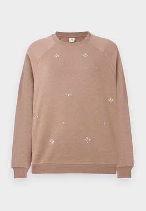 Brown cotton sweatshirt with raglan sleeves, featuring small metallic floral embroidery and scattered rhinestones across the front.