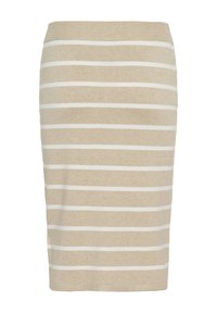Jupe crayon en tricot beige avec des rayures horizontales blanches, présentant une coupe ajustée et une texture lisse.