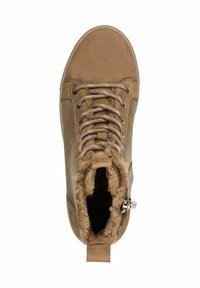 Braune Kunstleder-Stiefelette mit Futter aus Kunstfell, gepolstertem Kragen und Metallbeschlägen. Verfügt über Schnürsenkel und einen Reißverschluss an der Seite.