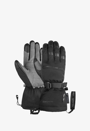 Guantes de invierno negros con palma texturizada gris, que cuentan con una correa de muñeca segura y un botón de control para calefacción. Fabricados con material impermeable.